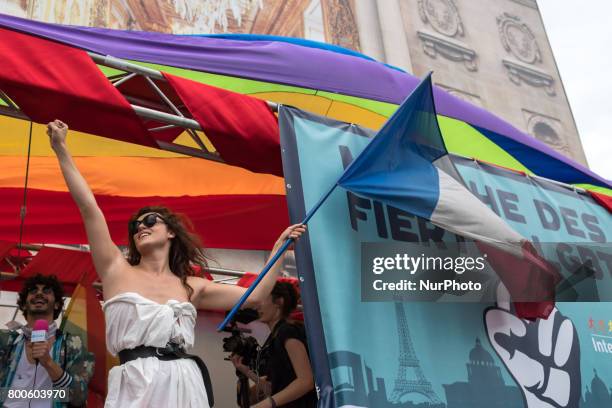 People participate in the Gay Pride Parade rally and march in the streets on June 24, 2017 in Paris, France. 2017 marks the 40th anniversary of the...