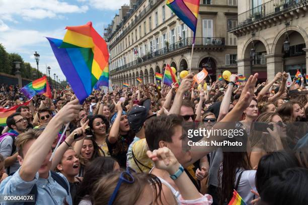 People participate in the Gay Pride Parade rally and march in the streets on June 24, 2017 in Paris, France. 2017 marks the 40th anniversary of the...