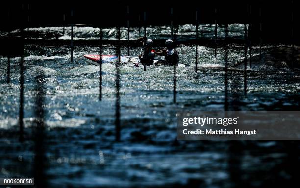 Athletes warm up for the Canoe Double Men's Final of the ICF Canoe Slalom World Cup on June 24, 2017 in Augsburg, Germany.