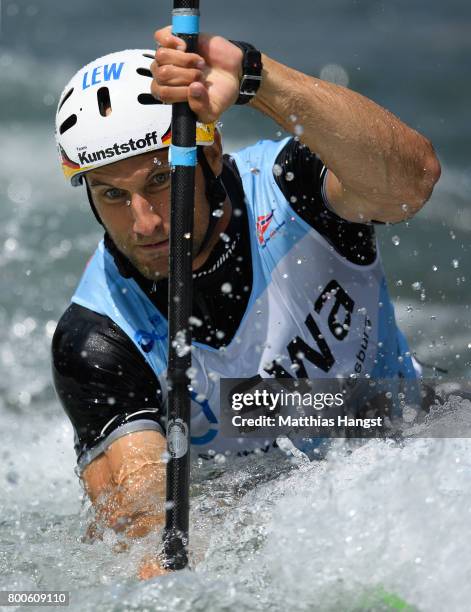 Alexander Grimm of Germany competes during the Kayak Single Men's Final of the ICF Canoe Slalom World Cup on June 24, 2017 in Augsburg, Germany.