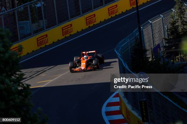 Fernando Alonso of Spain driving the McLaren Honda F1 Team on track during final practice for the Azerbaijan Formula One Grand Prix at Baku City...
