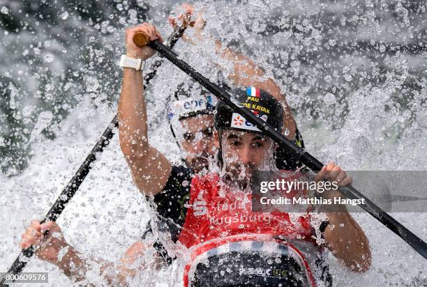 Nicolas Scianimanico and Hugo Cailhol of France compete during the Canoe Double Men's Semi-final of the ICF Canoe Slalom World Cup on June 24, 2017...