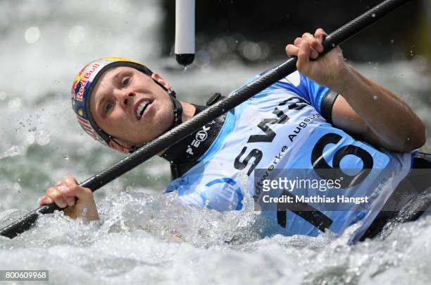 Joseph Clarke of Great Britain competes during the Kayak Single Men's Semi-final of the ICF Canoe Slalom World Cup on June 24, 2017 in Augsburg,...