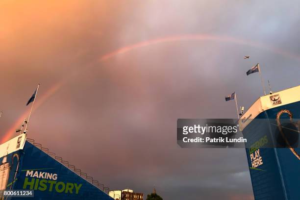 Rainbow over Centre Court in the evening on day six at Queens Club on June 24, 2017 in London, England.