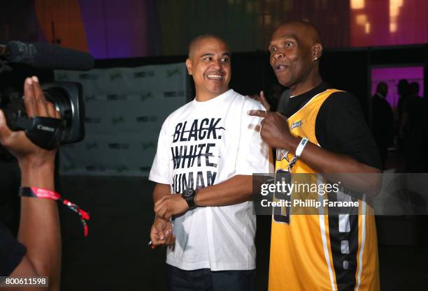 Irv Gotti and Big Boy poses backstage at the Celebrity Basketball Game, presented by Sprite and State Farm, during the 2017 BET Experience, at...