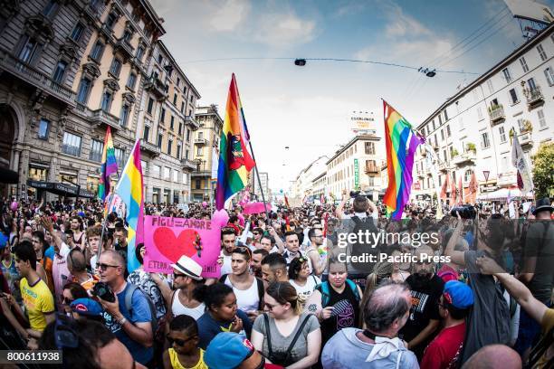 Fifty thousand people walking on the street for gay lesbian and diversity rights in Milan.