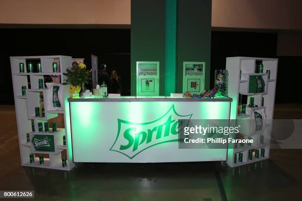 Sponsor branding is displayed backstage at the Celebrity Basketball Game, presented by Sprite and State Farm, during the 2017 BET Experience, at...