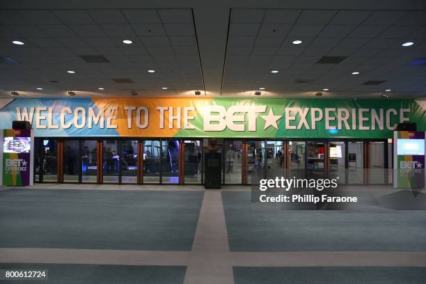 Event signage is displayed backstage at the Celebrity Basketball Game, presented by Sprite and State Farm, during the 2017 BET Experience, at Staples...