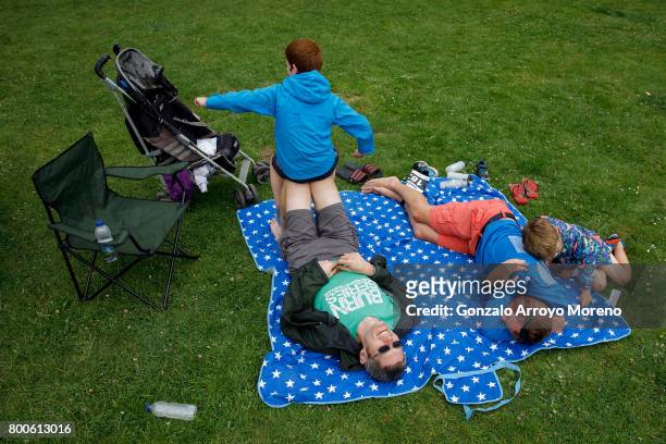 Leisure moment for a family on the grass the day before of Ironman 70.3 UK Exmoor at Wimbleball Lake on June 24, 2017 in Somerset, United Kingdom.