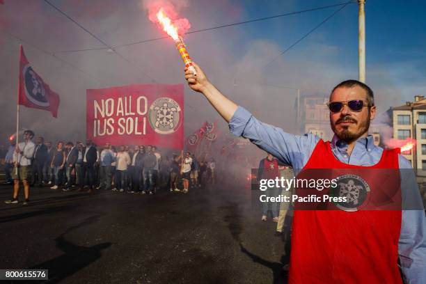 Thousands of members of Italian far-right movement CasaPound from all over Italy march with flags and shout slogans during a demonstration to protest...