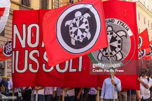 Thousands of members of Italian far-right movement CasaPound from all over Italy march with flags and shout slogans during a demonstration to protest...