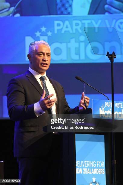 Minister for Pacific Peoples, Hon Alfred Ngaro speaking during the National Party 81st Annual Conference at Michael Fowler Centre on June 25, 2017 in...