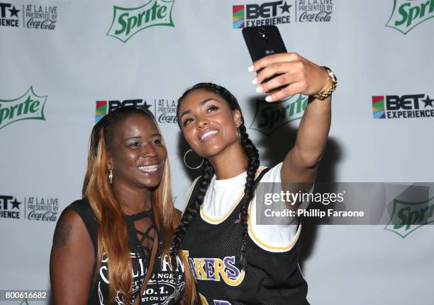 Brittney Elena and guest post backstage at the Celebrity Basketball Game, presented by Sprite and State Farm, during the 2017 BET Experience, at...