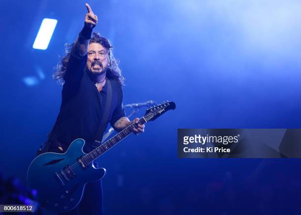 Dave Grohl of Foo Fighters performs on the Pyramid stage on day 3 of the Glastonbury Festival 2017 at Worthy Farm, Pilton on June 24, 2017 in...