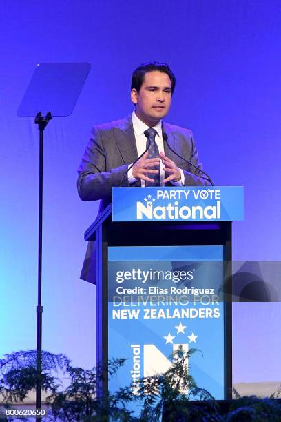 Minister of Economic Development, Hon Simon Bridges speaking during the National Party 81st Annual Conference at Michael Fowler Centre on June 25,...