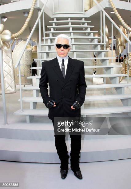Designer Karl Lagerfeld attends the Chanel Fashion show, during Paris Fashion Week Fall-Winter 2008-2009 at the Grand Palais on February 29th, 2008...
