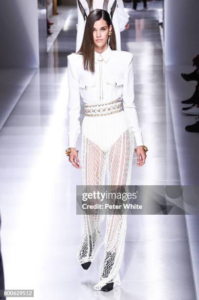 Pauline Hoarau walks the runway during the Balmain Menswear Spring/Summer 2018 show as part of Paris Fashion Week on June 24, 2017 in Paris, France.