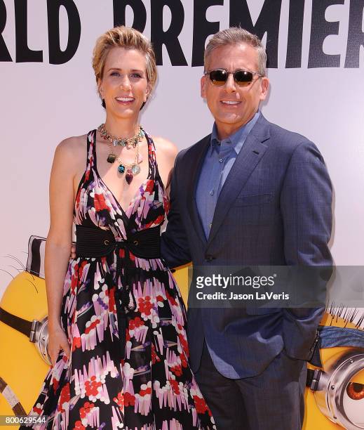 Actress Kristen Wiig and actor Steve Carell attend the premiere of "Despicable Me 3" at The Shrine Auditorium on June 24, 2017 in Los Angeles,...