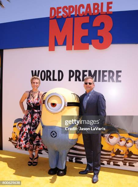 Actress Kristen Wiig and actor Steve Carell attend the premiere of "Despicable Me 3" at The Shrine Auditorium on June 24, 2017 in Los Angeles,...