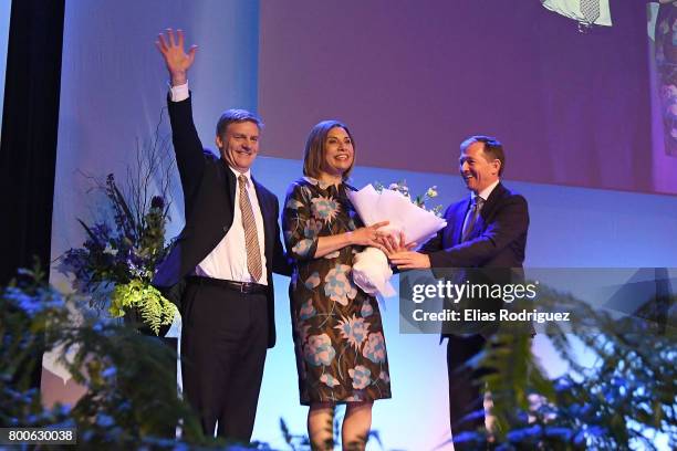 Prime Minister, Rt Hon Bill English arrives with Dr Mary Scanlon at the National Party 81st Annual Conference at Michael Fowler Centre on June 25,...