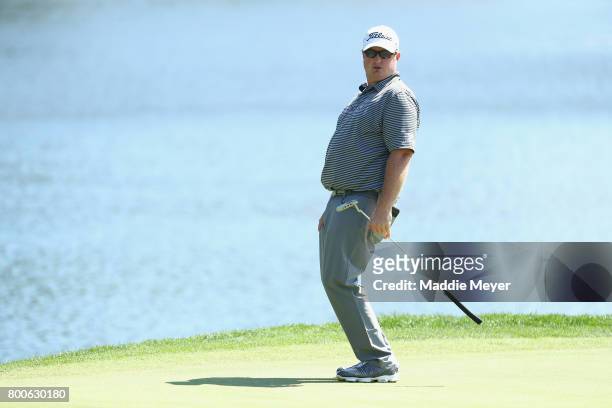 Brad Fritsch of Canada reacts on the 17th green during the third round of the Travelers Championship at TPC River Highlands on June 24, 2017 in...