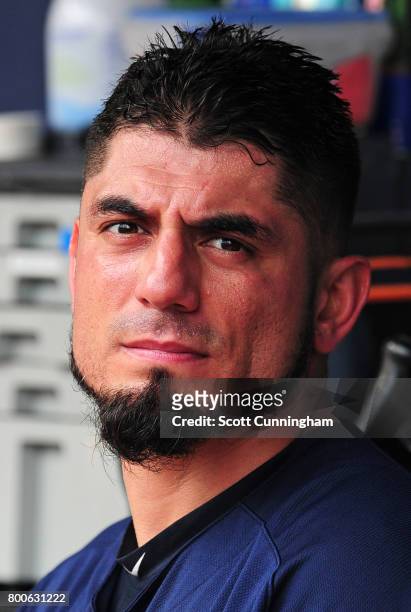 Matt Garza of the Milwaukee Brewers relaxes in the dugout between innings of the game against the Atlanta Braves at SunTrust Park on June 24, 2017 in...