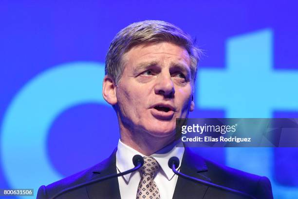 Prime Minister, Rt Hon Bill English speaks during the National Party 81st Annual Conference at Michael Fowler Centre on June 25, 2017 in Wellington,...