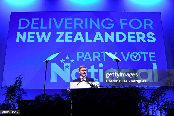 Prime Minister, Rt Hon Bill English speaks during the National Party 81st Annual Conference at Michael Fowler Centre on June 25, 2017 in Wellington,...