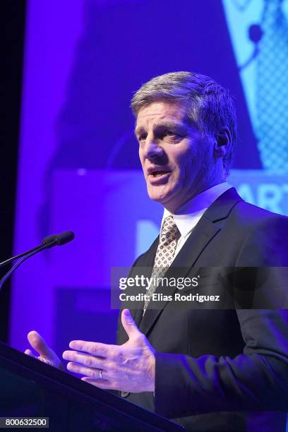 Prime Minister, Rt Hon Bill English speaks during the National Party 81st Annual Conference at Michael Fowler Centre on June 25, 2017 in Wellington,...