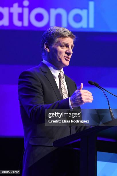 Prime Minister, Rt Hon Bill English speaks during the National Party 81st Annual Conference at Michael Fowler Centre on June 25, 2017 in Wellington,...