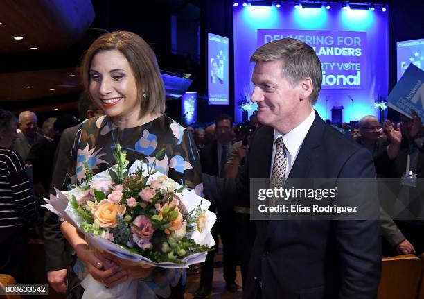 Dr Mary Scanlon and Prime Minister, Rt Hon Bill English leave the National Party 81st Annual Conference at Michael Fowler Centre on June 25, 2017 in...