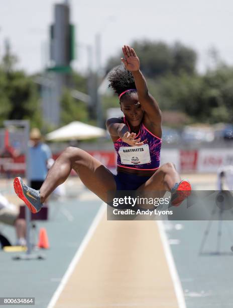 Tianna Bartoletta leaps to victory in the Women's Long Jump Final during Day 3 of the 2017 USA Track & Field Championships at Hornet Satdium on June...