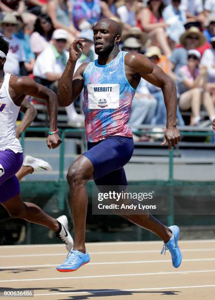 LaShawn Merritt runs in the opening round of the Men's 200 Meter during Day 3 of the 2017 USA Track & Field Championships at Hornet Satdium on June...