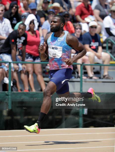 Ameer Webb runs in the opening round of the Men's 200 Meter during Day 3 of the 2017 USA Track & Field Championships at Hornet Satdium on June 24,...