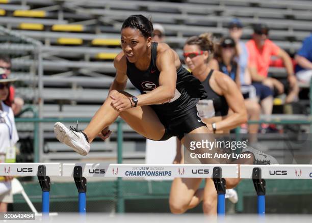 Kendell Williams clears a hurdle in the Heptathlon 100 Meter Hurdles during Day 3 of the 2017 USA Track & Field Championships at Hornet Satdium on...