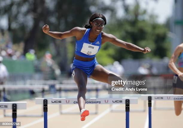 Shamier Little clears a hurdle in the Women's 400 Meter Hurdles semi-final during Day 3 of the 2017 USA Track & Field Championships at Hornet Satdium...