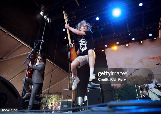 Musicians Andrew Whiteman and Brendan Canning of Musical group Broken Social Scene perform on the Sycamore stage during Arroyo Seco Weekend at the...