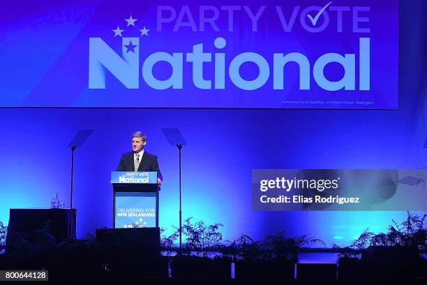 Prime Minister, Rt Hon Bill English speaks during the National Party 81st Annual Conference at Michael Fowler Centre on June 25, 2017 in Wellington,...