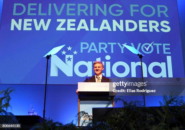 Prime Minister, Rt Hon Bill English speaks during the National Party 81st Annual Conference at Michael Fowler Centre on June 25, 2017 in Wellington,...