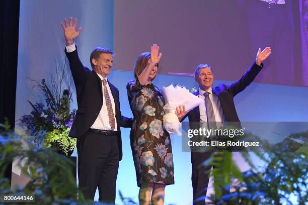 Prime Minister, Rt Hon Bill English, Dr Mary Scanlon, Peter Goodfellow during the National Party 81st Annual Conference at Michael Fowler Centre on...