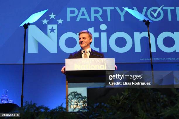 Prime Minister, Rt Hon Bill English speaks during the National Party 81st Annual Conference at Michael Fowler Centre on June 25, 2017 in Wellington,...