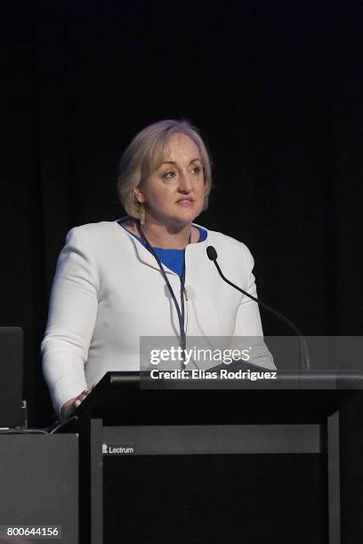 Minister of Justice, Hon Amy Adams speaking during the National Party 81st Annual Conference at Michael Fowler Centre on June 25, 2017 in Wellington,...