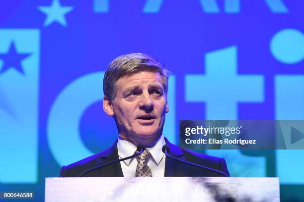 Prime Minister, Rt Hon Bill English speaks during the National Party 81st Annual Conference at Michael Fowler Centre on June 25, 2017 in Wellington,...