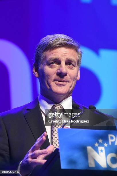 Prime Minister, Rt Hon Bill English speaks during the National Party 81st Annual Conference at Michael Fowler Centre on June 25, 2017 in Wellington,...