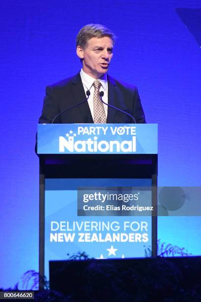 Prime Minister, Rt Hon Bill English speaks during the National Party 81st Annual Conference at Michael Fowler Centre on June 25, 2017 in Wellington,...