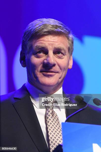 Prime Minister, Rt Hon Bill English speaks during the National Party 81st Annual Conference at Michael Fowler Centre on June 25, 2017 in Wellington,...