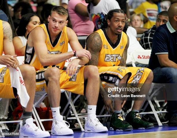 Matthew Noszka and Nick Cannon at the Celebrity Basketball Game, presented by Sprite and State Farm, during the 2017 BET Experience, at Los Angeles...