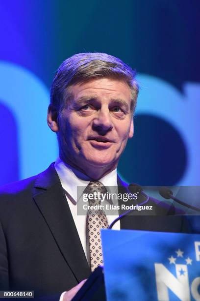 Prime Minister, Rt Hon Bill English speaks during the National Party 81st Annual Conference at Michael Fowler Centre on June 25, 2017 in Wellington,...