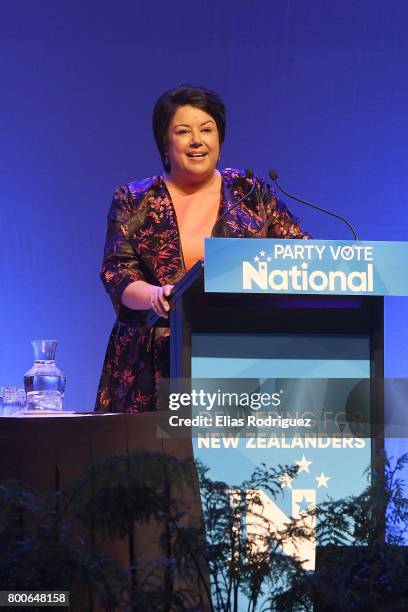 Deputy Prime Minister, Hon Paula Bennett speaks during the National Party 81st Annual Conference at Michael Fowler Centre on June 24, 2017 in...