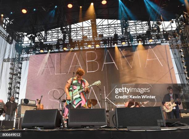 Musicans Brittany Howard, Zac Cockrell and Heath Fogg of musical group Alabama Shakes performs on The Oaks stage during Arroyo Seco Weekend at the...